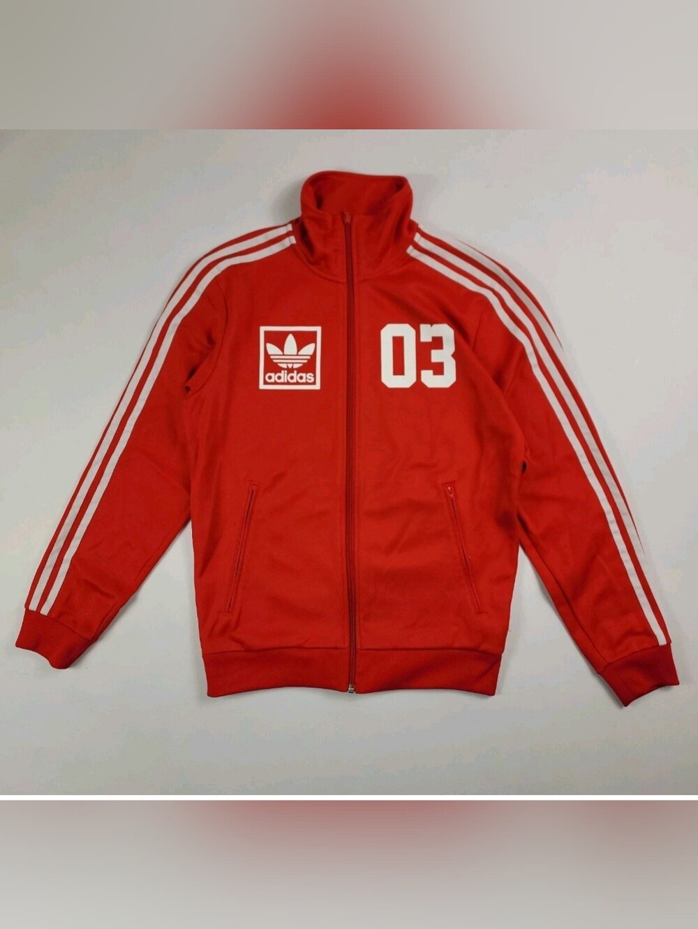 Vintage Adidas Red Track Zip-Up Jacket with White Stripes & 03 Patch